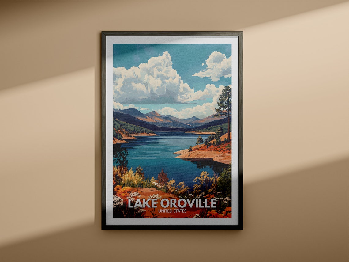Lake Oroville Print United States Lake Oroville Poster United States Travel Poster Lake View Wall Art Decor Holiday Poster - Image 3