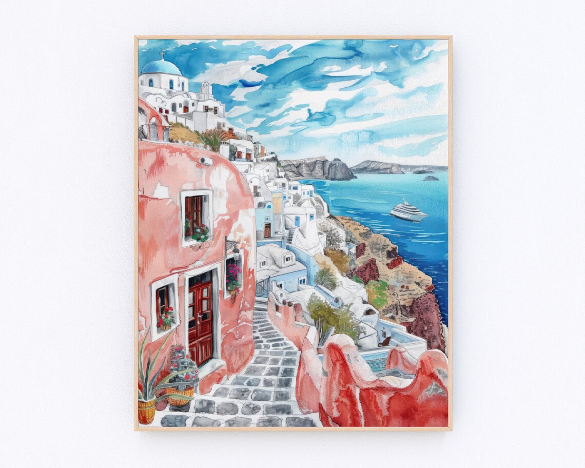 Santorini Oia Cliffside Town Blue Sea Pink Houses Watercolor Poster - Image 2