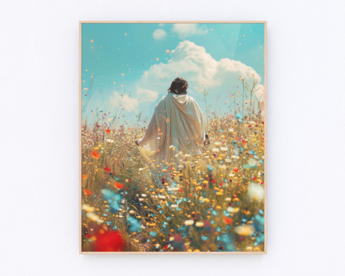 Jesus Walking Through Sunlit Wildflower Field Heavenly Light Poster