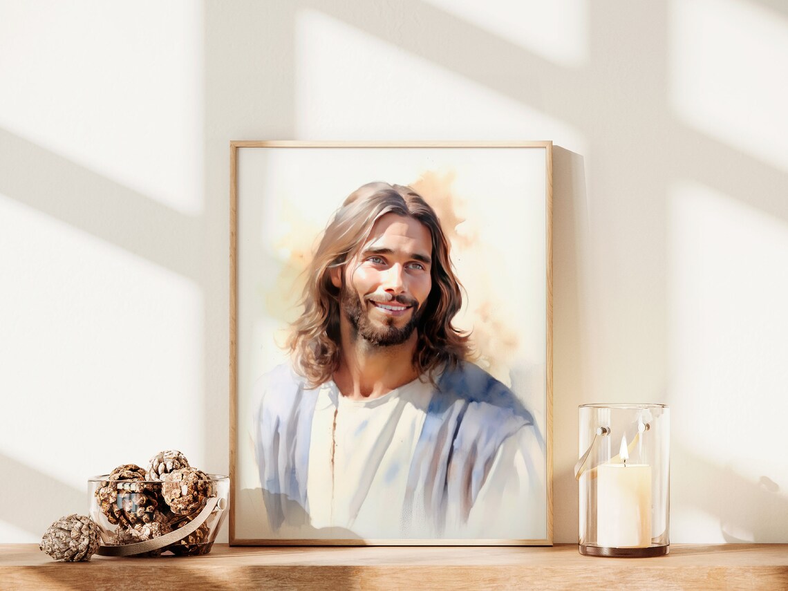 Smiling Jesus Portrait Warm Watercolor Christian Faith Art Print - Image 2