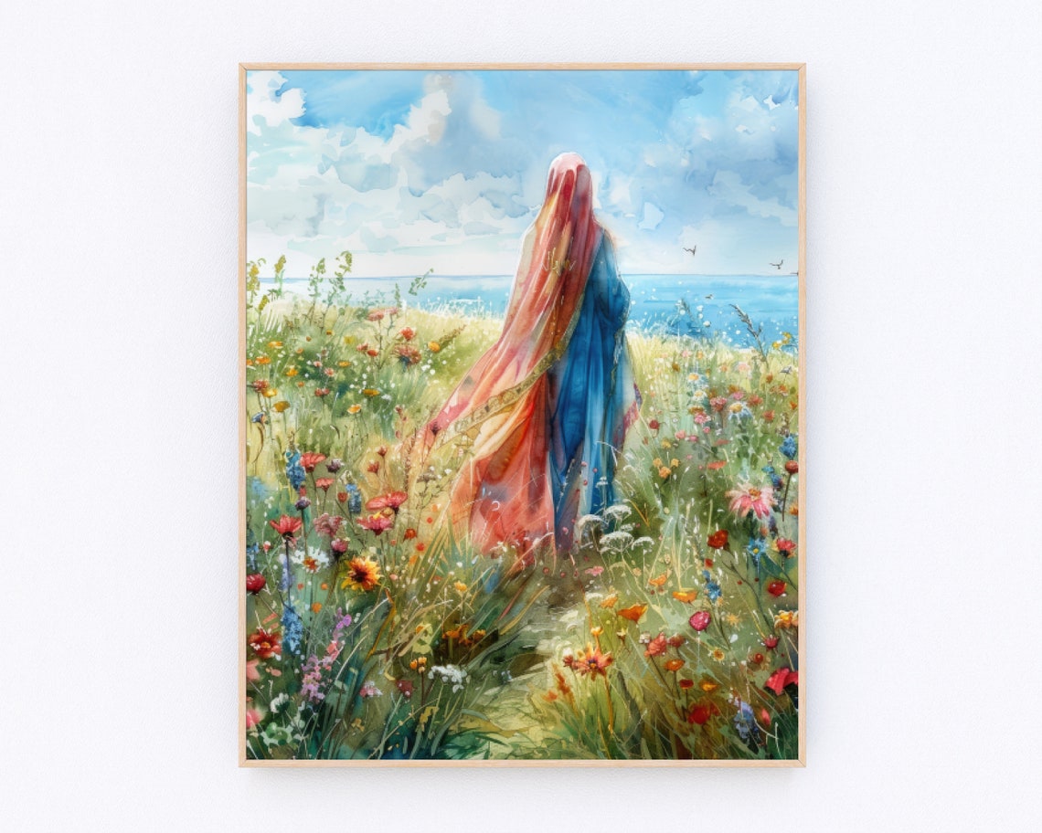 Mary Walking On Beach Painting Mary Knows The Way Mother Mary Poster Blessed Virgin Mary Painting Christian Prayer Art Catholic Gifts P437