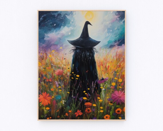 Mystical Witch from Behind in Wildflower Field Under Moonlit Sky Poster