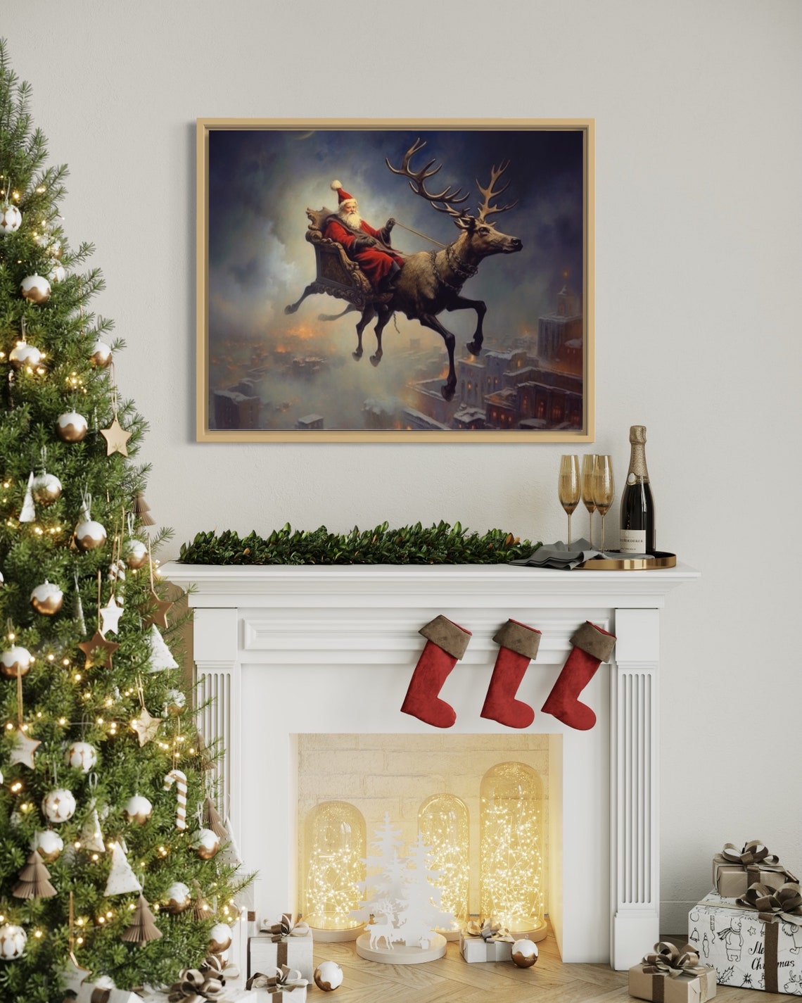 Santa Claus Print Vintage Christmas Reindeer Winter Art Vintage Christmas Theme Print Santa Oil Painting Reindeer Print P093 - Image 2