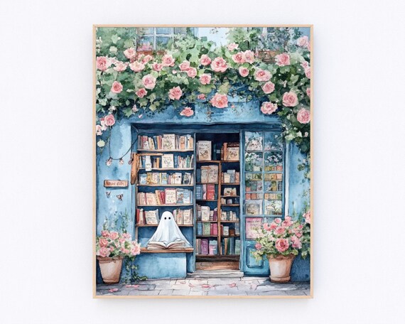 Cute Ghost Reading Book Blue Bookstore Rose Watercolor Poster