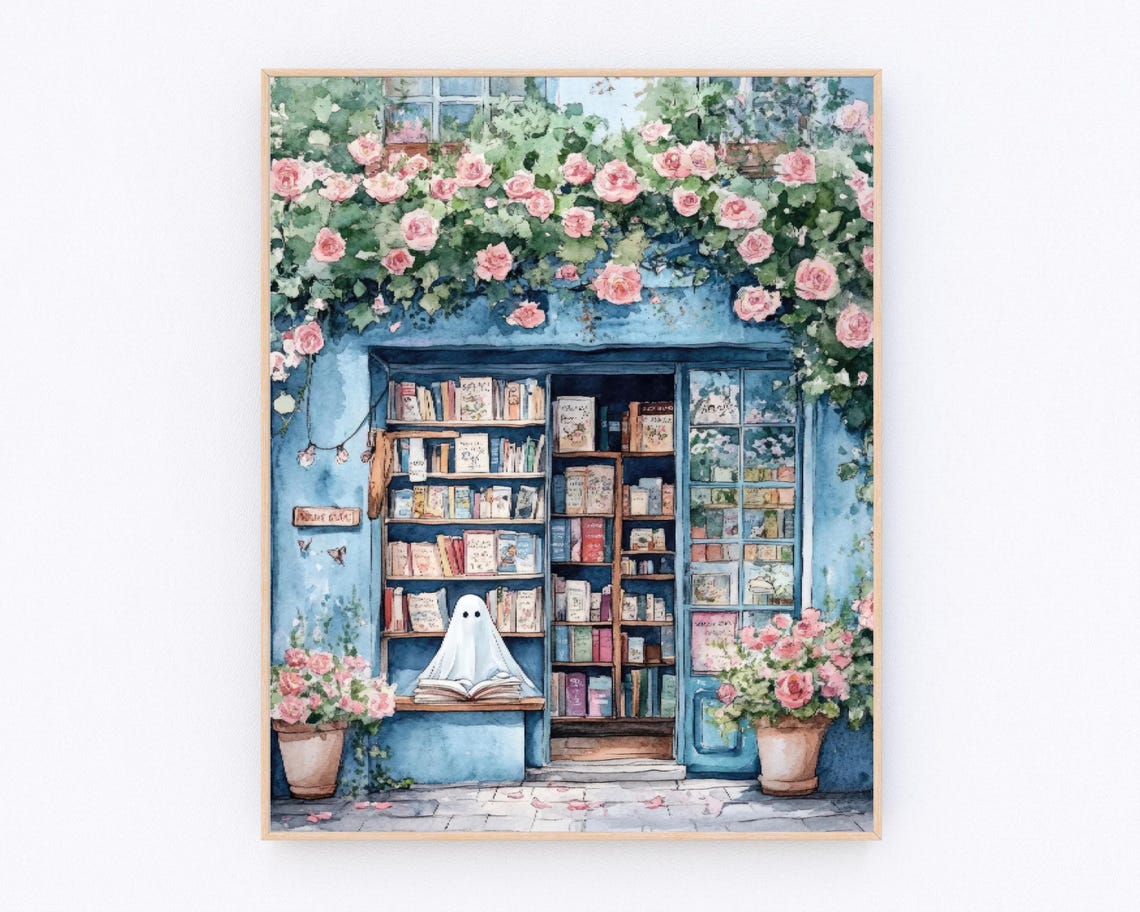Ghost At Bookstore Poster Funny Halloween Art Reading Ghost Painting Vintage Pairs Bookstore Painting Europe French Bookshop Art Print P681