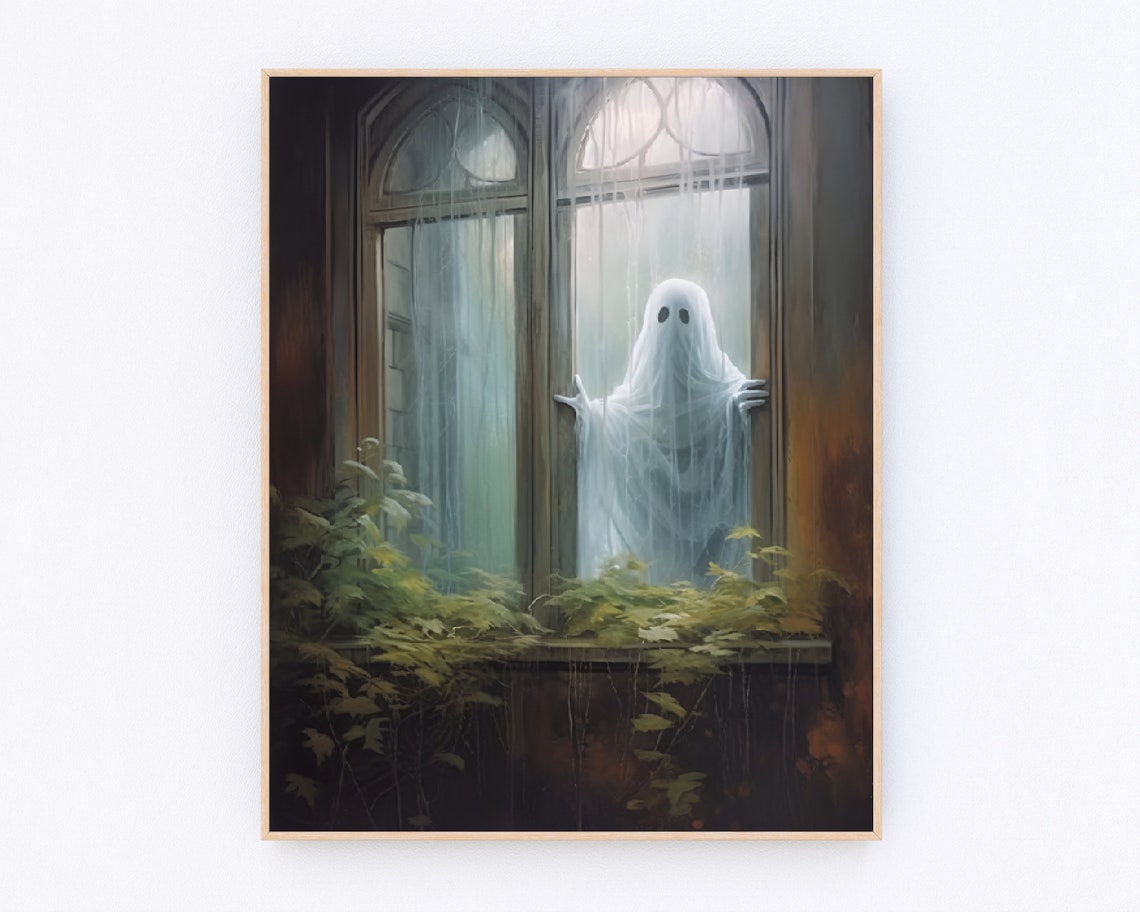 Ghost Peeking Through Rainy Window Ferns Moody Halloween Wall Poster - Image 3