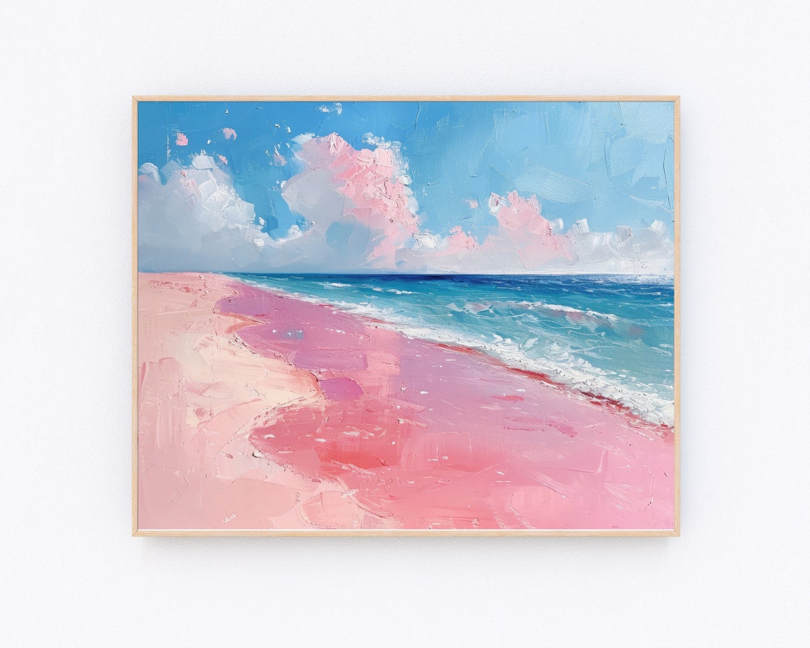Pink Blue Coastal Painting Coastal Cowgirl Print Beach Oil Painting Retro Pink Beachy Wall Art Pink Girly Apartment Wall Art P642