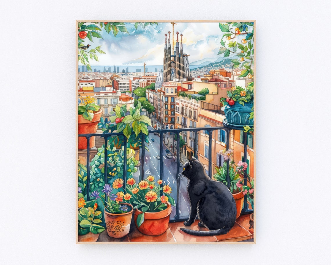 Black Cat Painting Barcelona Painting Park Guell Art Print Barcelona Balcony Poster Barcelona Landscape Poster Europe Print Travel Gift P620
