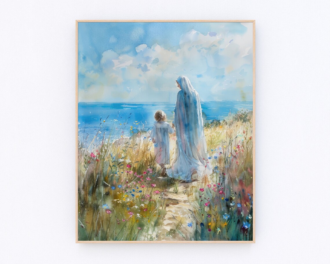 Mother Mary and Child Walking the Wildflower Path by the Sea Poster