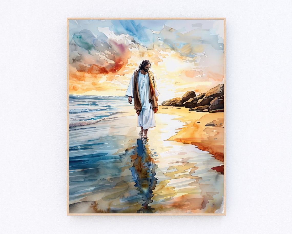 Jesus Walking on Beach Sunset Reflection Watercolor Christian Poster