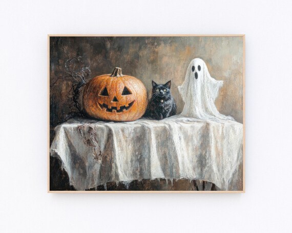 Cute Ghost Black Cat Jack-O-Lantern Halloween Still Life Poster