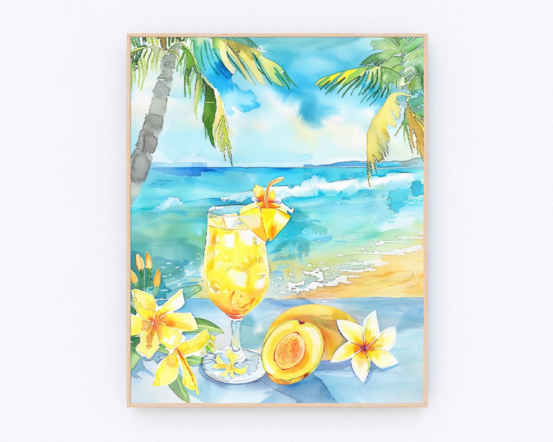 Tropical Beach Cocktail with Palm Trees and Plumeria Flowers Poster