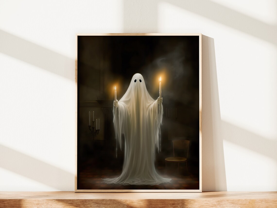 Elegant Ghost Holding Two Lit Candles Dark Romantic Halloween Art Poster - Image 2