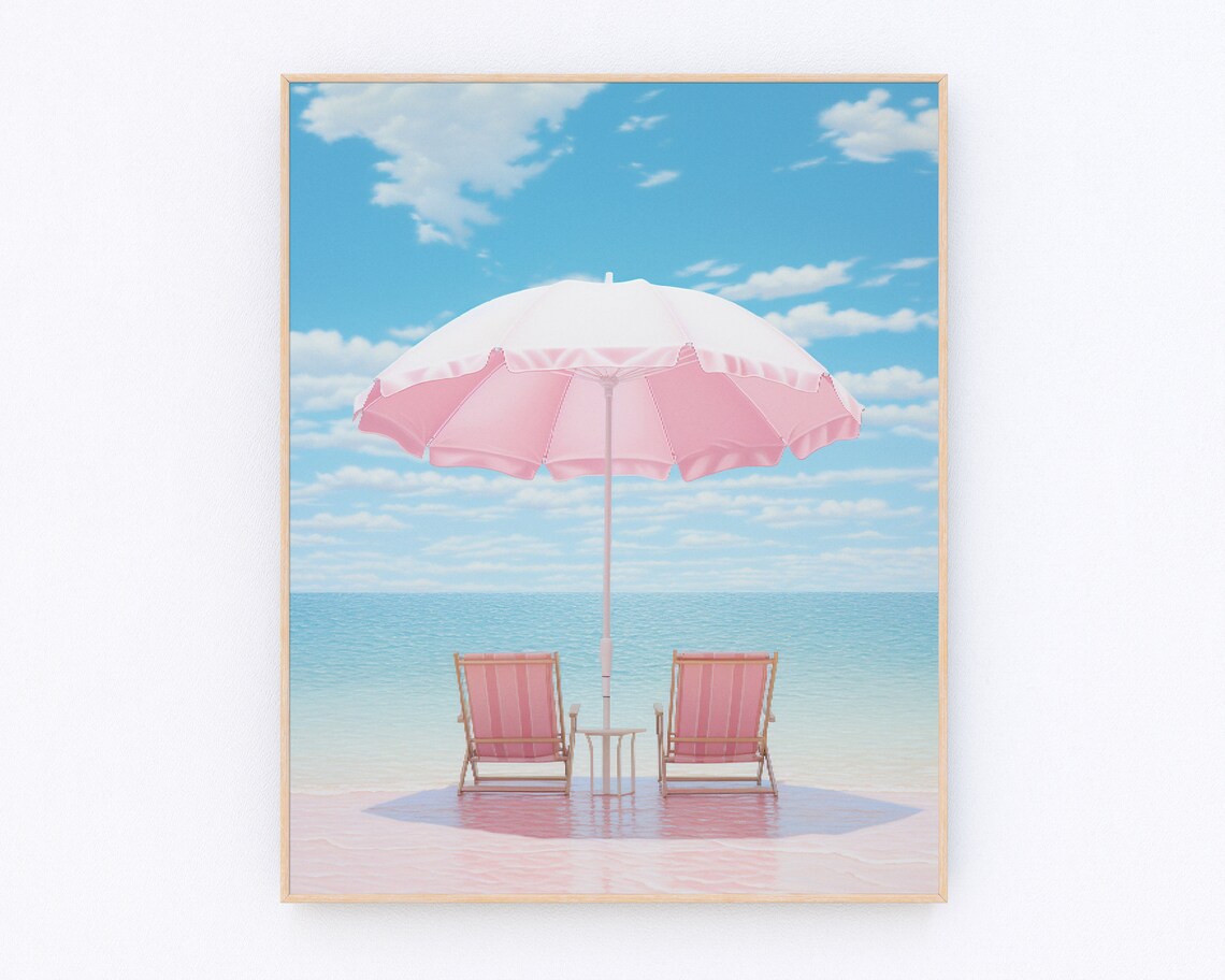 Pink Beach Umbrella and Lounge Chairs on Turquoise Shore Poster