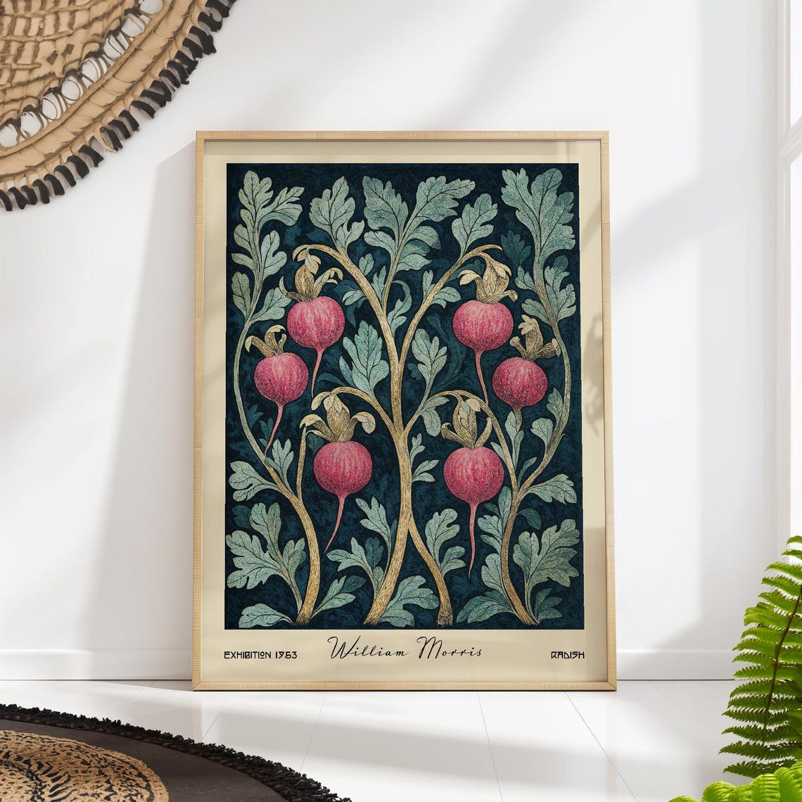 William Morris Style Radish Botanical 1953 Vintage Kitchen Art Poster