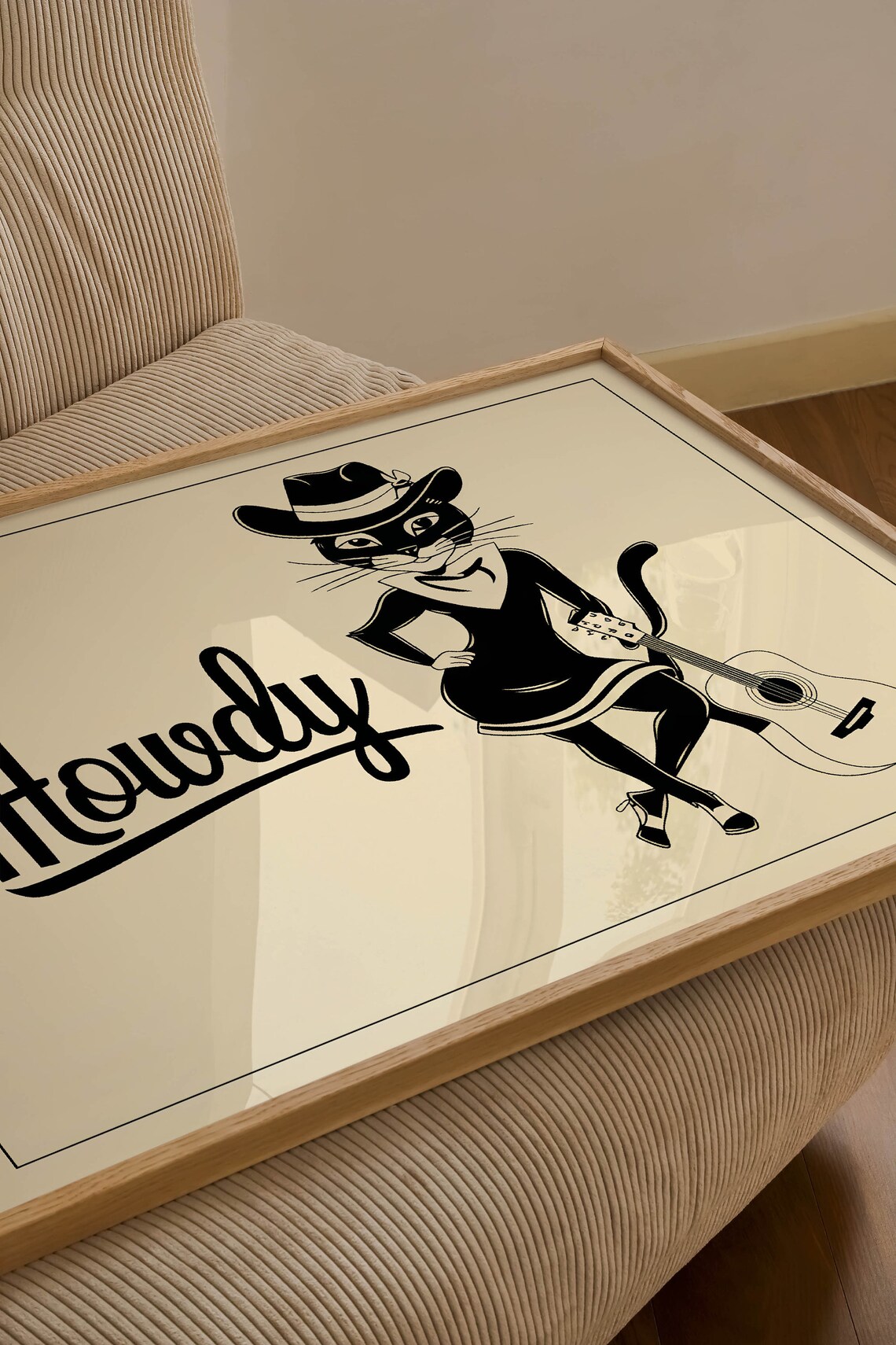 Howdy Illustrated Cowgirl Cat with Guitar Vintage Western Poster - Image 2