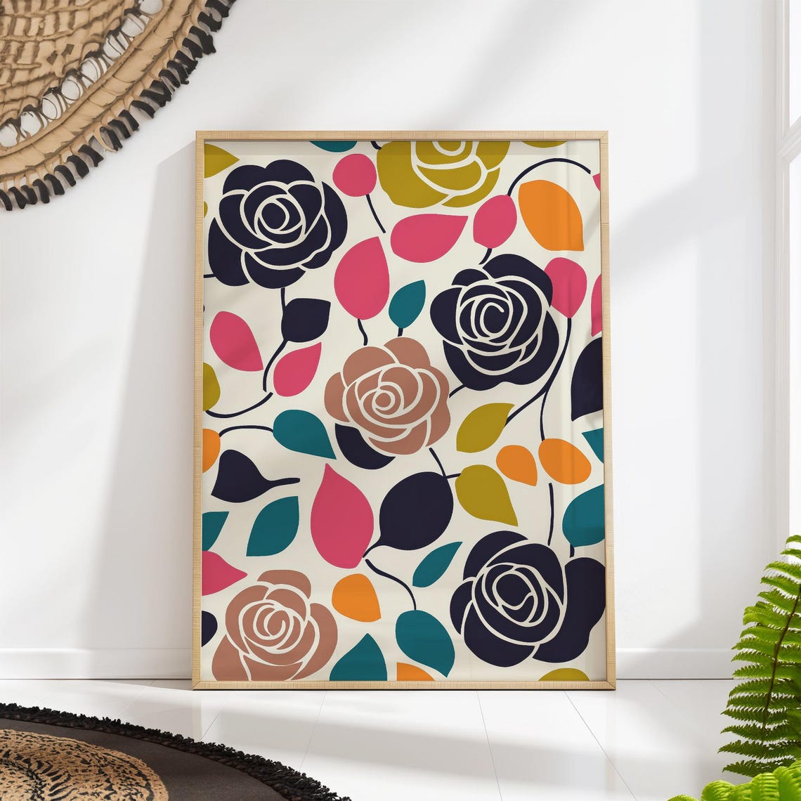 Bold Matisse Inspired Roses Mid Century Floral Pattern Art Poster