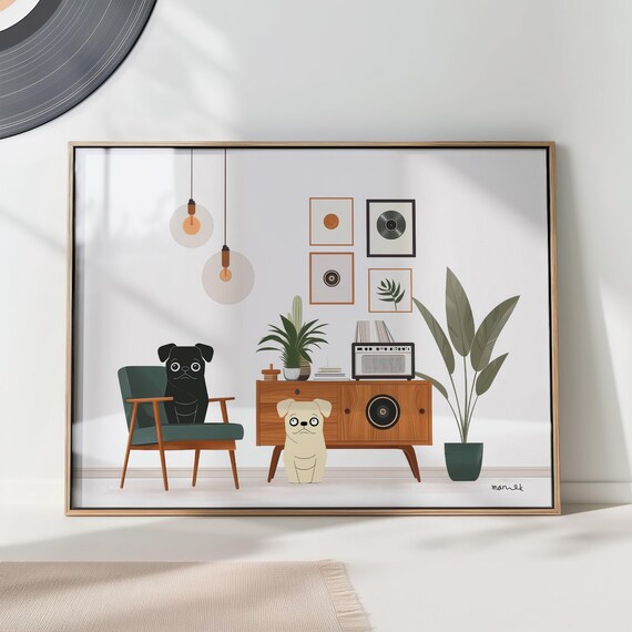 Mid Century Modern Dogs Music Room Art Print Retro Pet Lovers Decor Printed On Luxury Paper