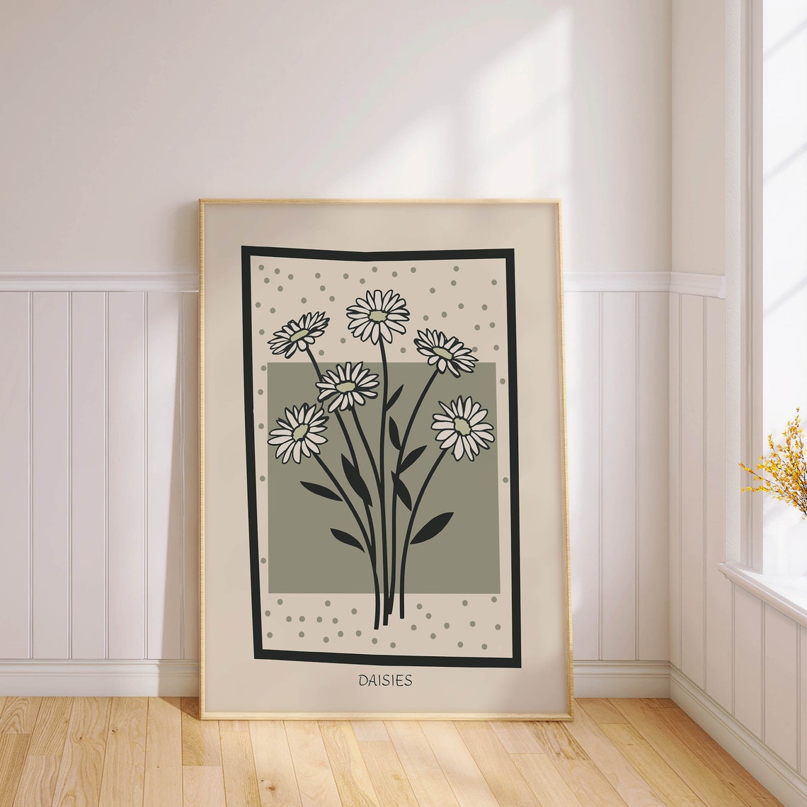 White Daisies Sage Green Background Modern Botanical Floral Poster - Image 2