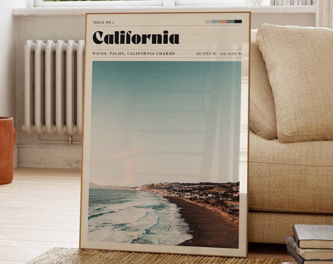 California Ocean Waves Beach Cliffs Magazine Cover Travel Poster