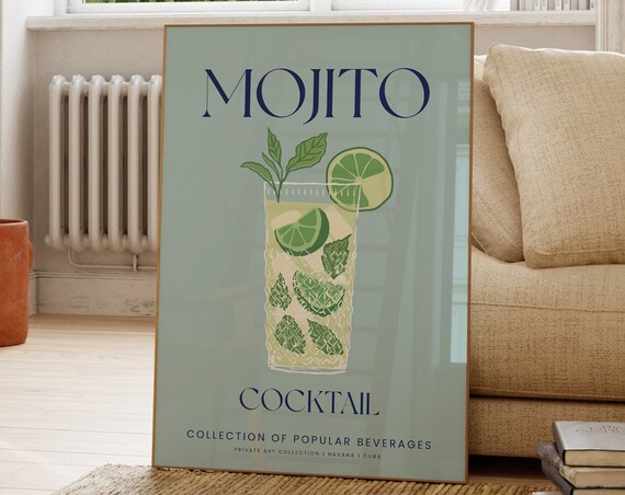 Mojito Cocktail Illustration Sage Green Popular Beverages Poster