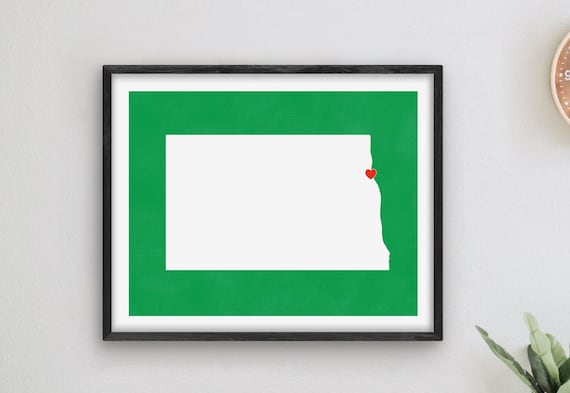 White North Dakota State Outline Red Heart Modern Green Decor Poster
