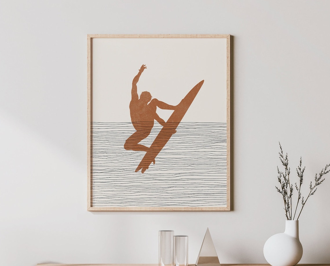 Boho Surfer Print Wall Art Decor Minimalist Poster Surfing Illustration Surf