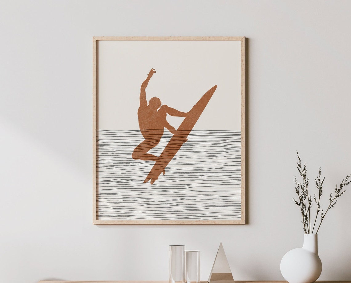 Boho Surfer Silhouette Catching Air Minimalist Ocean Art Poster