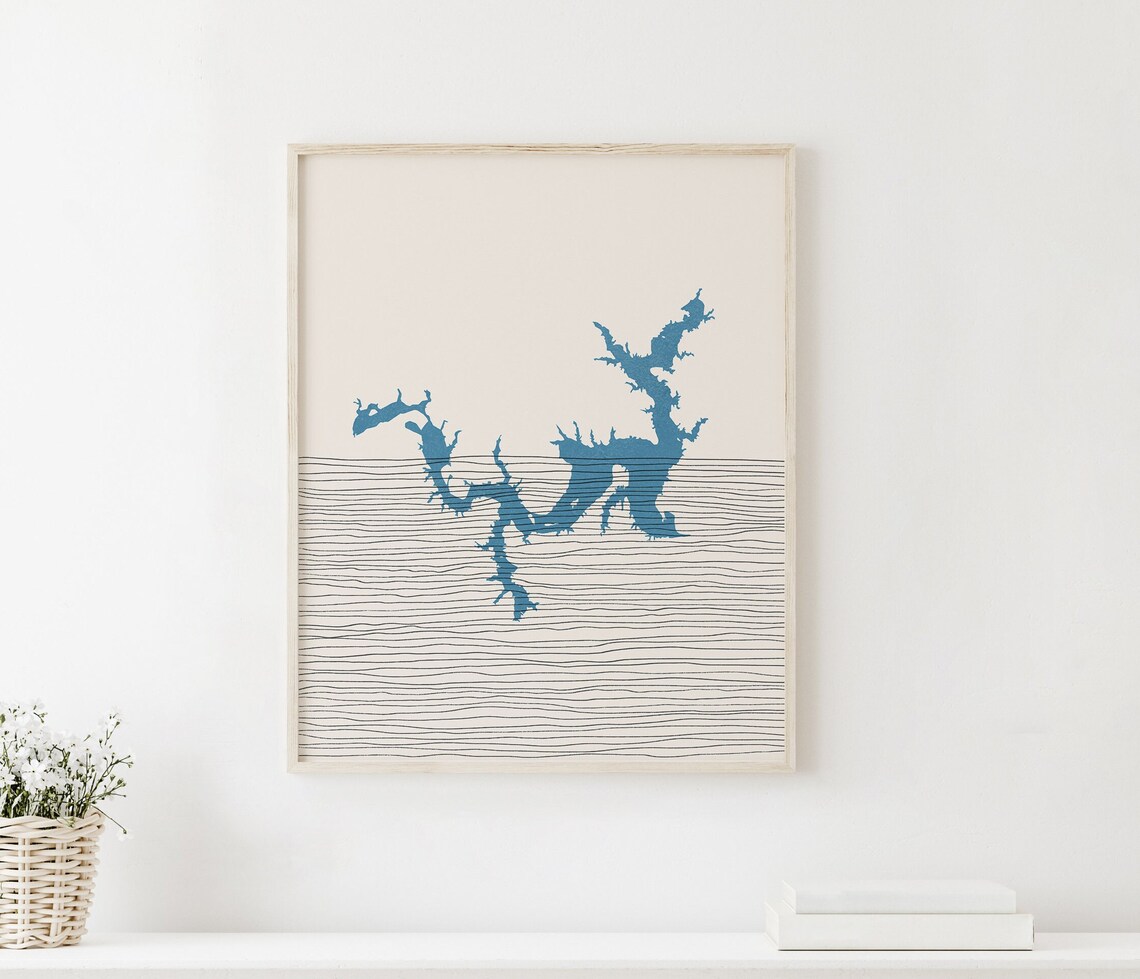 Lake Texoma Silhouette Outline Minimalist Blue Lake House Art Poster
