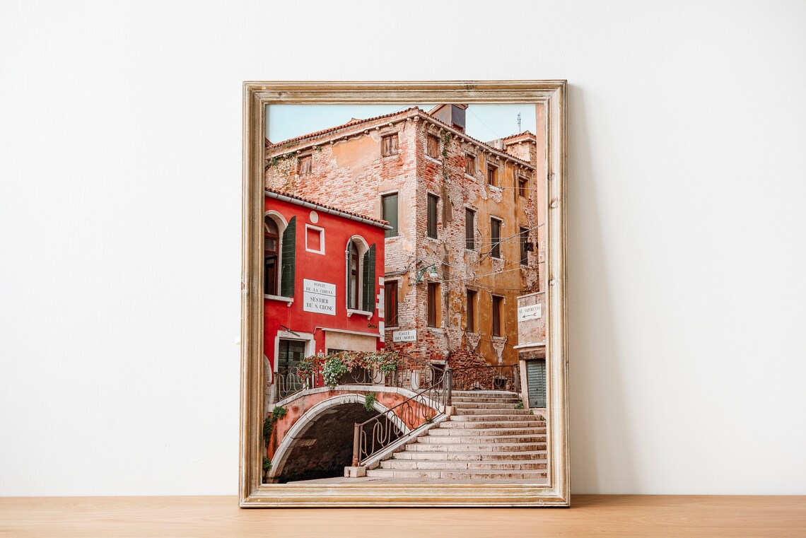 Venice Canal Bridge with Red House and Stone Steps Photography Poster - Image 3