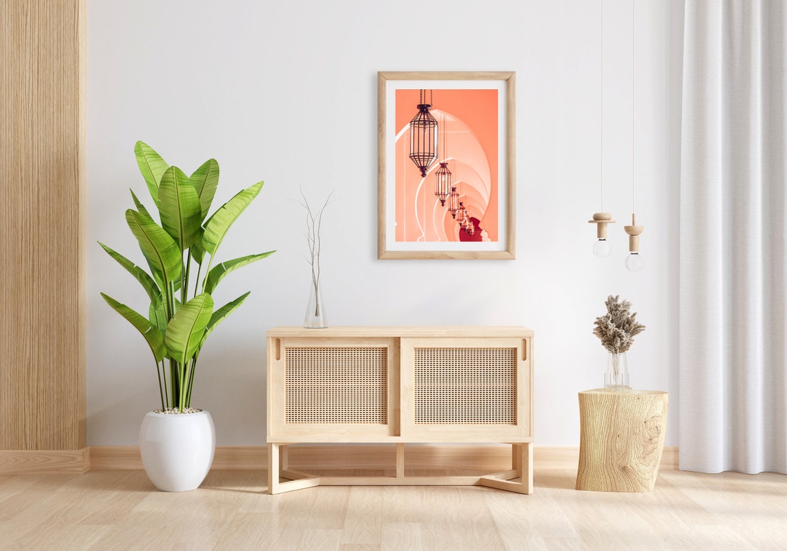 Moroccan Hanging Lanterns in Peach Arched Corridor Photography Poster - Image 3