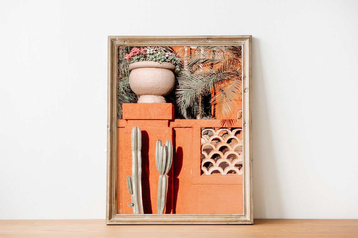 Cacti And Stone Planter Against Bright Orange Moroccan Wall Art - Image 3