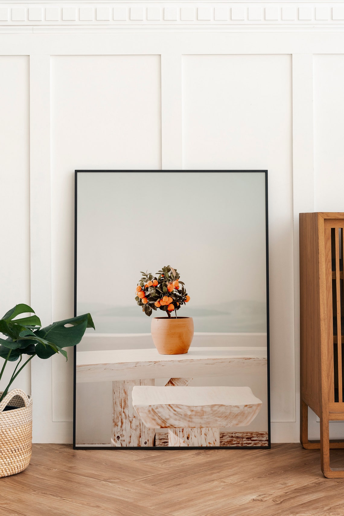 Potted Orange Tree On White Terrace Overlooking Sea Wall Art - Image 2
