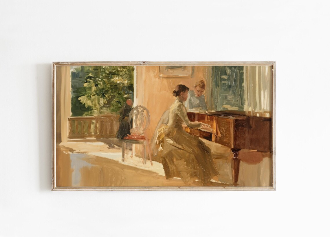 Sunlit Woman Playing Piano Warm Impressionist Interior Painting Poster