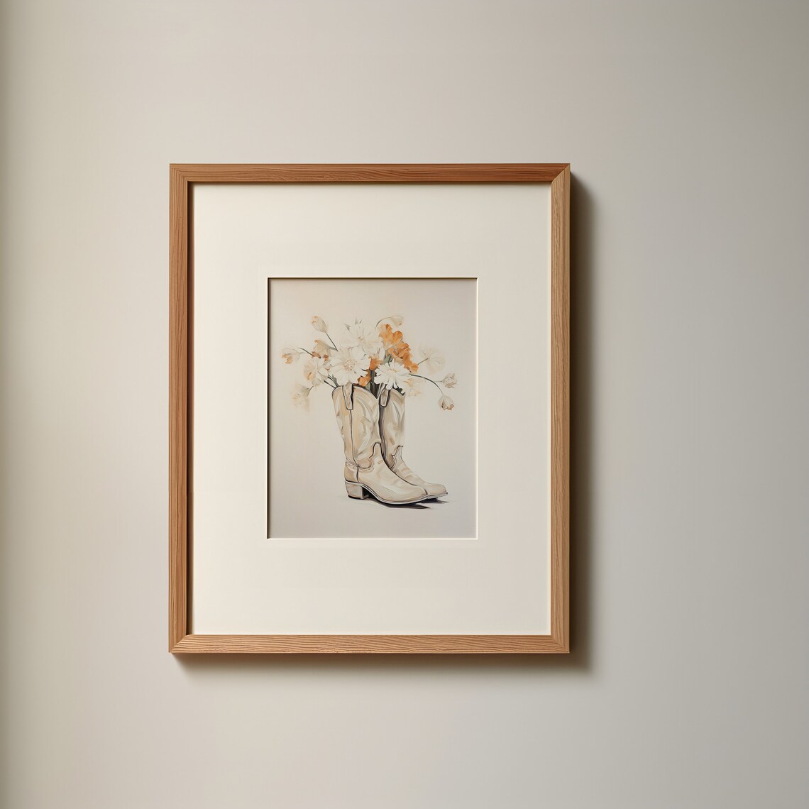 White Cowboy Boots with Daisies Western Floral Painting Elegant Wall Art - Image 3