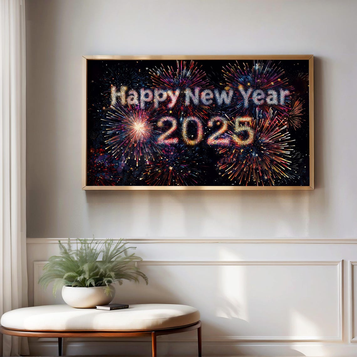 Happy New Year 2025 Fireworks Night Sky Festive Celebration Wall Art - Image 2