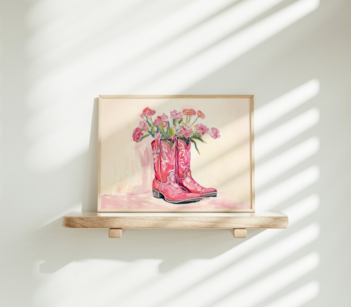 Pink Cowboy Boots with Pink Blossoms Western Floral Painting Wall Art