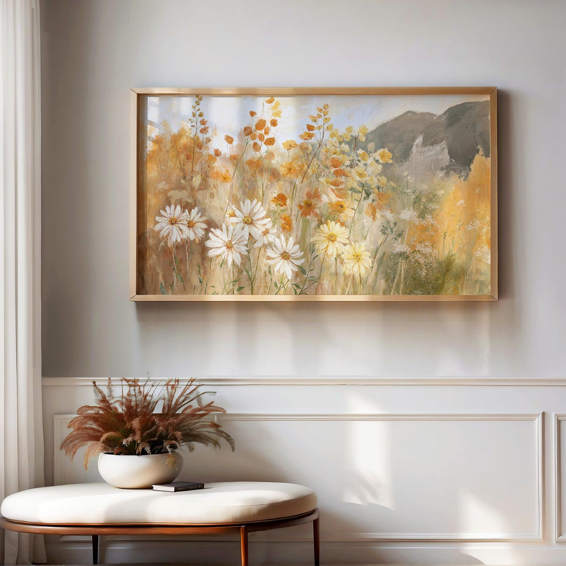 Golden Wildflower Meadow with Daisies Mountain Warm Art Poster - Image 4