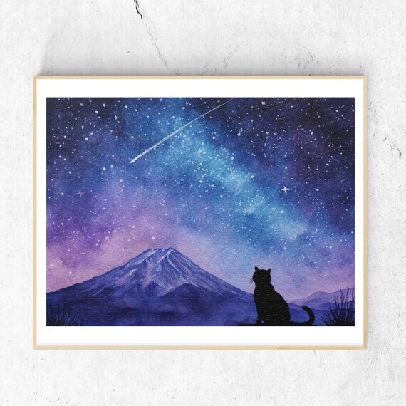 Black Cat Stargazing at Mount Fuji Starry Cosmic Night Art Poster