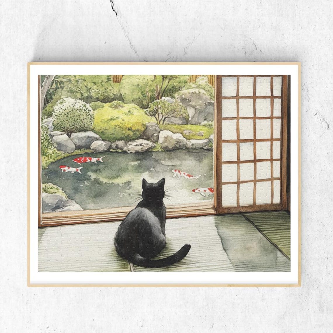 Black Cat By Koi Pond Japanese Wall Art With Kyoto Garden View