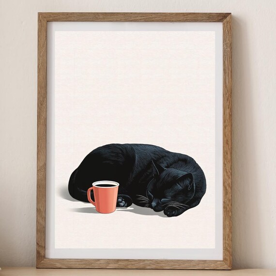 Lazy Black Cat Sleeping With Coffee Mug Minimalist Cozy Wall Art