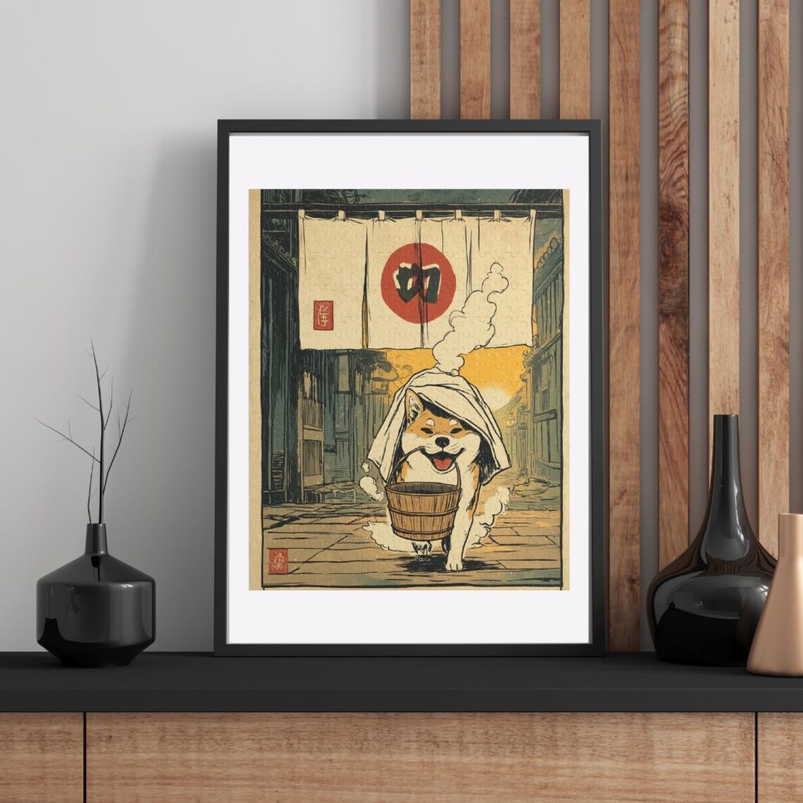Shiba Inu Onsen Dog with Bucket Japanese Style Funny Art Poster