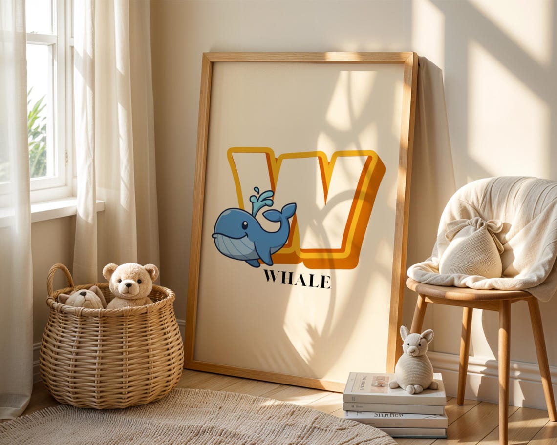 Whale Nursery Letter W Art Print Vintage Alphabet Decor