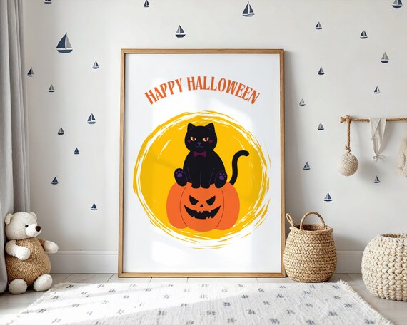 Cute Black Cat Halloween Wall Art Animal Poster Happy Nursery Or Indoor Decor Pumpkin Print