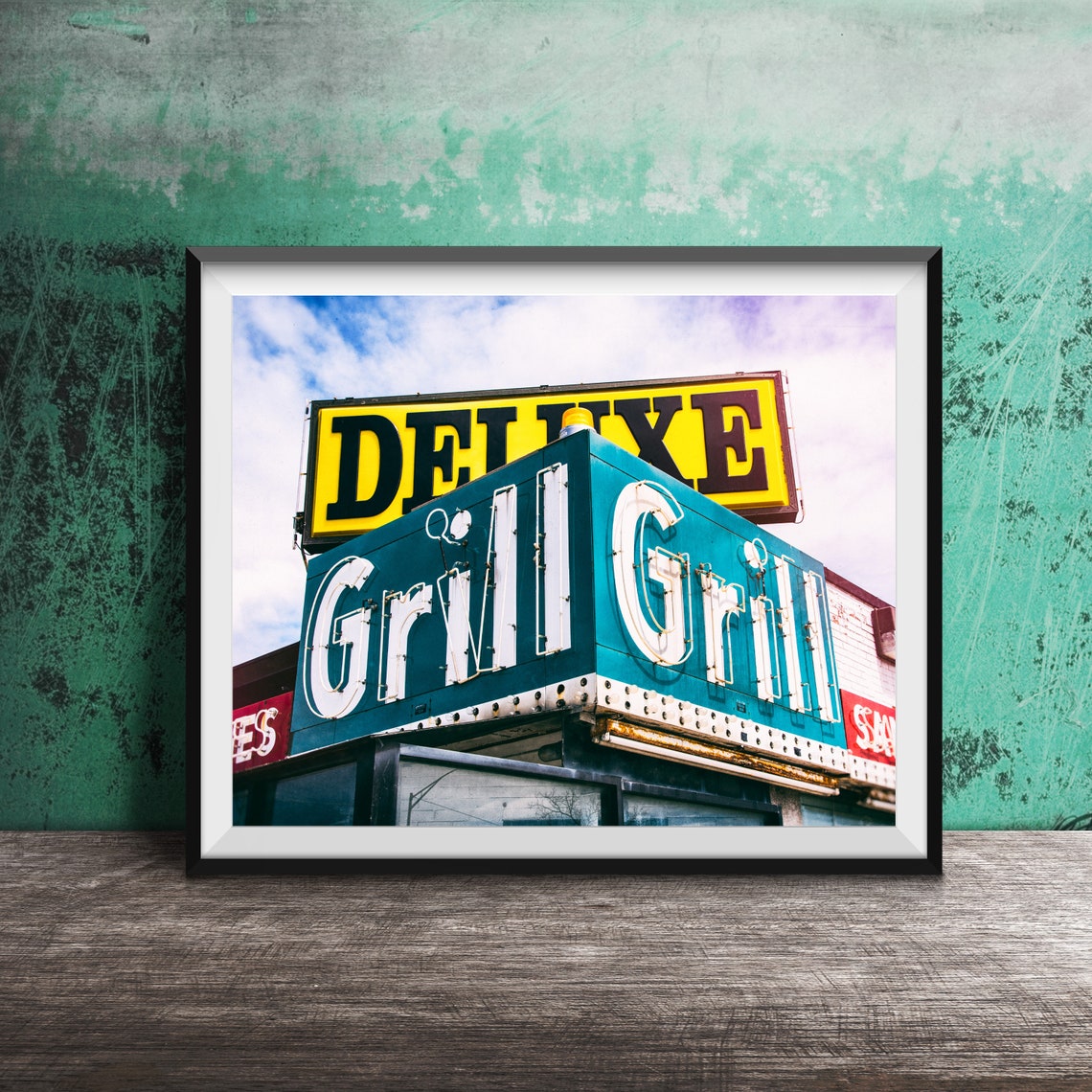 Deluxe Grill Vintage Neon Restaurant Sign Yellow And Teal Poster