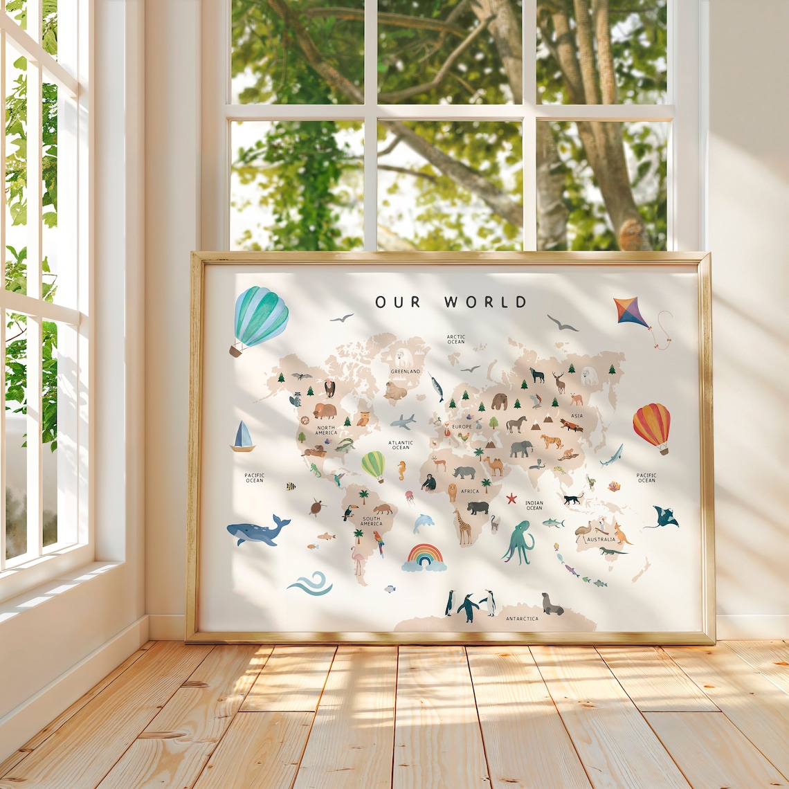 Animal World Map Nursery Map Safari Animals Poster