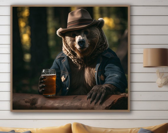 Bear Drinking Beer, Funny Bar Art Print