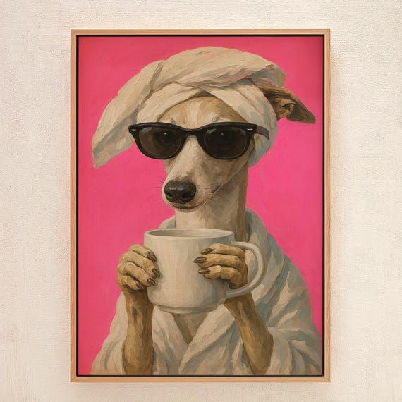 Whimsical Pink Whippet Sipping Coffee Wall Art Print For Kitchen Bar Bathroom Decor
