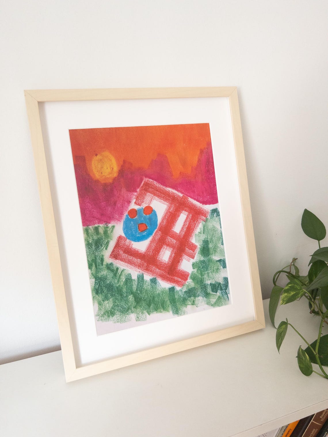 Whimsical Sunset Abstract Red Forms Blue Moon Childlike Art Poster