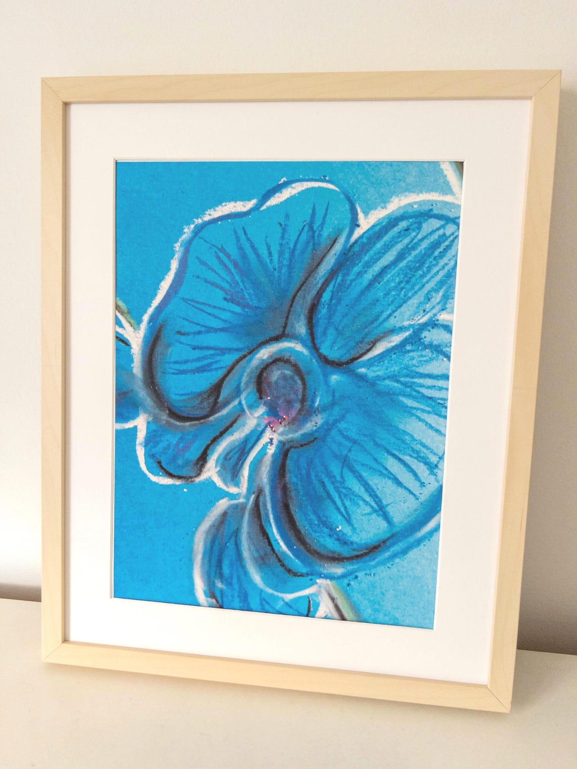 Blue Orchid Close Up Pastel Drawing Bold Modern Floral Art Poster